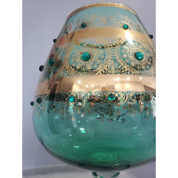 LARGE Vintage Jeweled Empoli Brandy Snifter Vase Gold Green Gilded Bohemian‎ - Picture 2 of 8
